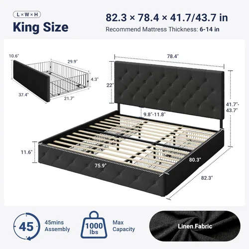 Miniatura 2 de Allewie - Base de cama con plataforma tamaño King, tapizada, con 4 cajones de almacenamiento y cabecera, botones cosidos en forma de diamante, base