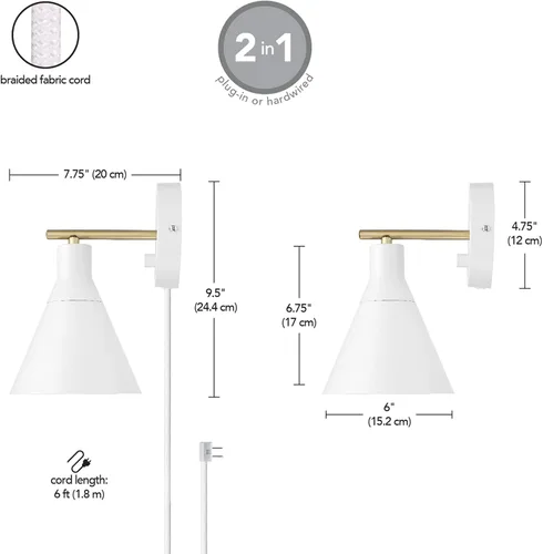 Miniatura 14 de Globe Electric 65542 - Candelabro de pared de 1 luz con enchufe o cableado, blanco mate, acento en latón, interruptor giratorio de atenuación sin