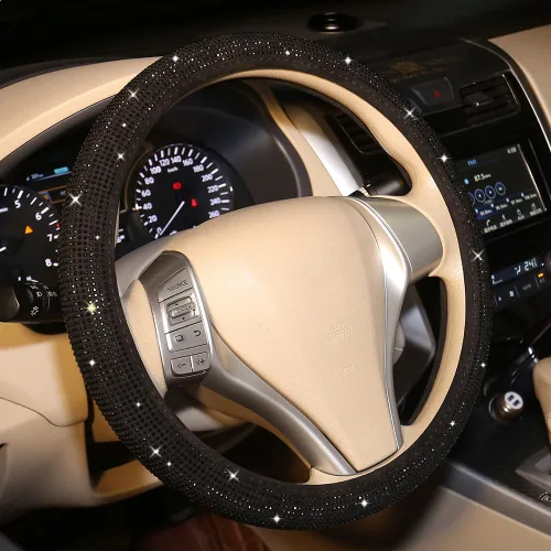Funda para volante de coche con brillantes Carwales para mujeres y niñas, accesorios de coche negros con cristal de diamante de 15 pulgadas,