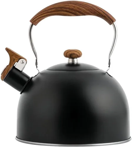 Tetera para estufa, hervidor de té silbante de 2.5 cuartos de galón, estufa de acero inoxidable de grado alimenticio con mango plegable de madera