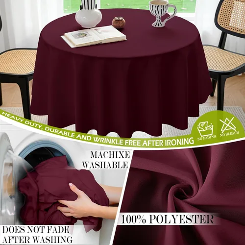 Miniatura 6 de BYDOLL Mantel redondo de 48 pulgadas para mesa de máximo 38 pulgadas de diámetro, poliéster burdeos, lavable, sin arrugas, a prueba de derrames