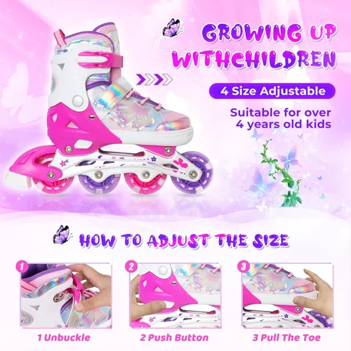 Miniatura 2 de MammyGol Patines en línea para niñas y niños, 4 tamaños ajustables, patines de mariposa con ruedas intermitentes de colores vibrantes, patines