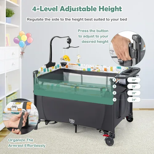 Miniatura 3 de BABY JOY Paquete y juego 5 en 1, cama de noche para bebé con moisés, cuna multifunción para recién nacidos hasta niños pequeños, cambiador de Gris
