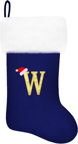 Miniatura 80 de Calcetines de Navidad bordados de 20 pulgadas con monograma, terciopelo negro con puño de felpa blanca supersuave, adornos clásicos para decoración