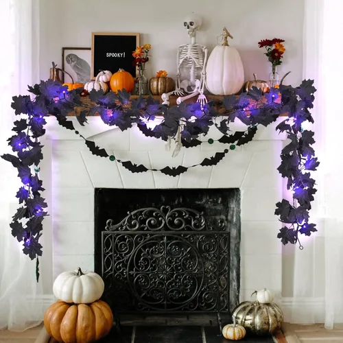 Miniatura 4 de RECUTMS Guirnalda de hojas de arce de otoño, hojas de otoño negras, guirnalda artificial de otoño, decoración de Halloween, Acción de Gracias