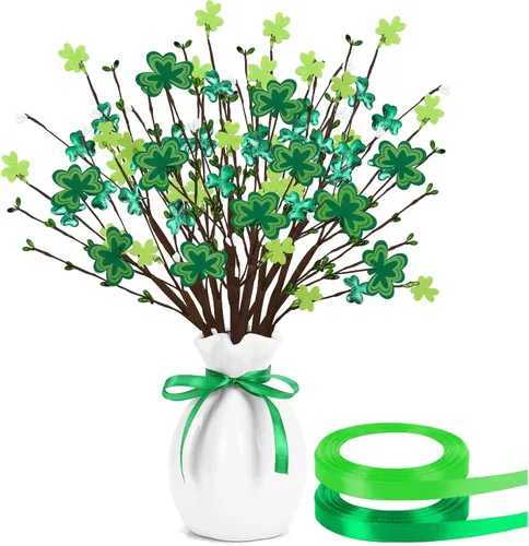 JUNEBRUSHS 6 piezas de decoración del día de San Patricio, púas de trébol con cinta verde, tallos de trébol artificiales de 16.6 pulgadas para el