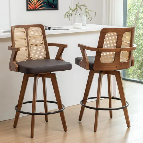 Miniatura 14 de Juego de 2 Taburetes de Mostrador - Taburetes Giratorios de 27 Pulgadas con Respaldo de Ratán, Brazos Curvos, Asiento Tapizado, Patas de Bambú Nogal