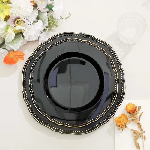 Efavormart - Paquete de 10 platos llanos de plástico con borde festoneado negro/dorado de 9 pulgadas, platos desechables para fiestas de bodas,