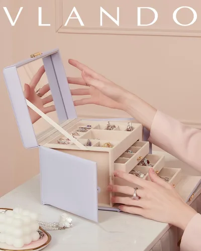Miniatura 6 de Vlando Caja organizadora de joyas de terciopelo para mujer, caja de almacenamiento grande de joyería de cuero con cerradura, espejo, 3 cajones