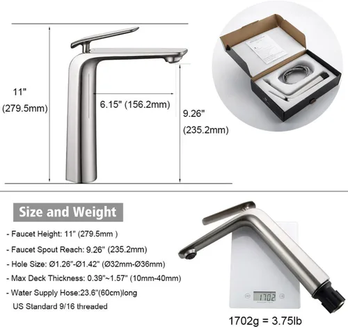 Miniatura 5 de TOCALOCA Grifo de lavabo alto, grifo mezclador de latón de alta calidad, níquel cepillado de una sola manija, 1 agujero, moderno comercial