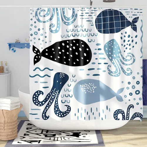 Miniatura 2 de Juego de cortinas de ducha de ballena azul, divertidas cortinas de ducha de dibujos animados de océano para baño, decoración de baño para niños