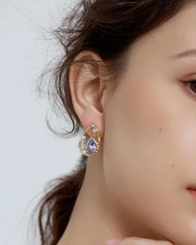 Miniatura 2 de Pendientes morados para mujer, aretes morados y dorados para mujer con circonita de amatista en forma de lágrima, perlas y pavés de cristal, aretes