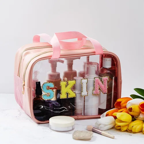 Miniatura 2 de Geetery Bolsa de maquillaje transparente de doble capa con parche de letras grandes de chenilla, con asa práctica, organizador de cosméticos