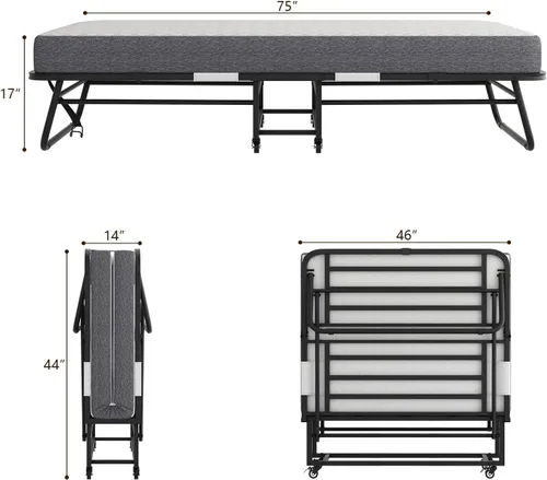 Miniatura 3 de Espsilto Cama plegable de 75 x 46 pulgadas con colchón para adultos, cama enrollable de gran tamaño para invitados, colchón plegable portátil