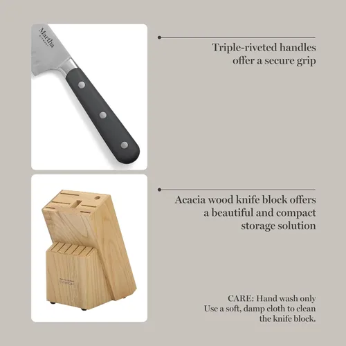 Miniatura 5 de Martha Stewart Eastwalk Juego de 14 cuchillos de acero inoxidable de alto carbono con mango forjado remachado triple de ABS, bloque de madera de Gris