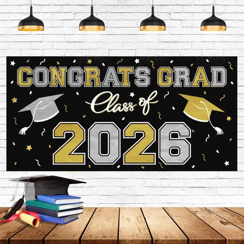 Telón de fondo de plástico para fiesta de graduación 2026, 65 x 32.7 pulgadas, pancarta de felicitaciones graduadas en negro, decoraciones de clase