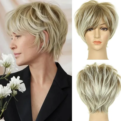 Miniatura 18 de QUEENTAS Pixie - Pelucas rubias cortas en capas para mujeres blancas y negras, cabello sintético (rubio mezclado con marrón)