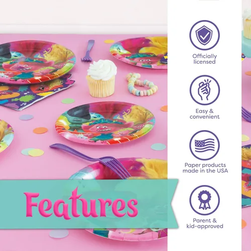 Miniatura 5 de Trolls - Decoraciones para fiestas de cumpleaños Sirve a 16 invitados Platos de trolls, servilletas, calcomanías