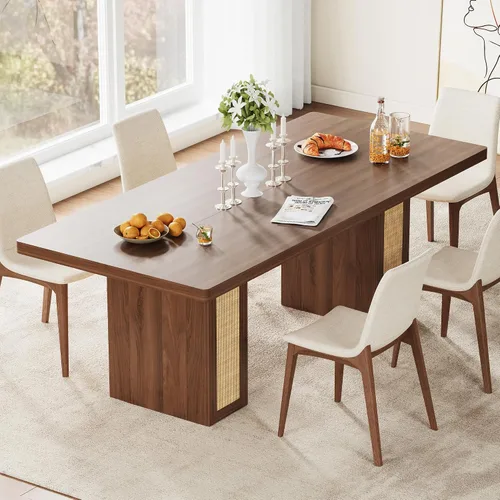 Miniatura 9 de LIKIMIO Mesa de comedor de granja de 78.7 pulgadas para 6-8 personas, parte superior de madera extra gruesa con 2 cajones de almacenamiento Marrón