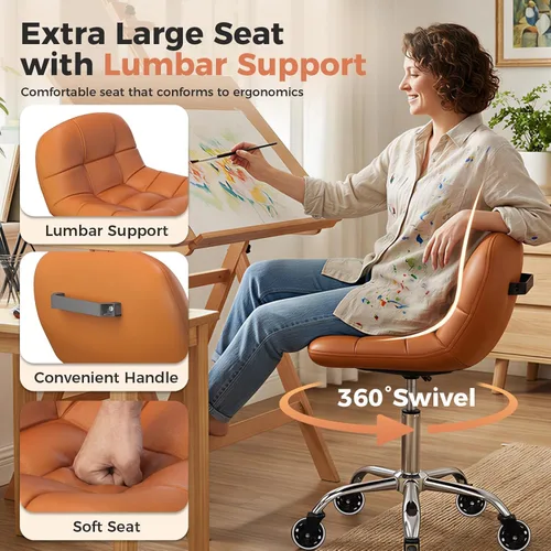Miniatura 3 de Taburete enrollable con ruedas, taburete ajustable en altura con soporte para la espalda, silla de dibujo de oficina con cojín de piel sintética