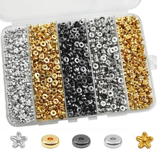 Cuentas espaciadoras planas redondas de 6mm, 1560 piezas (360 flores), Oro, Plata, Negro, en forma de flor, Plástico (recubierto de cobre),