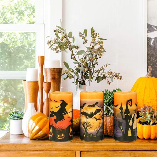 Miniatura 5 de Eldnacele Velas LED sin llama parpadeantes de Halloween, funcionan con pilas, con temporizador de 6H, calcomanías de calavera, telaraña, cuervo