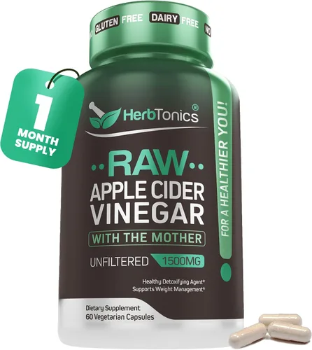 Herbtonics Cápsulas de vinagre de sidra de manzana crudo de 1500 mg con la madre | Píldoras ACV sin filtrar para aliviar la hinchazón, la digestión,