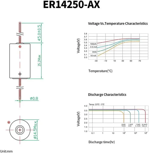 Miniatura 5 de EEMB Paquete de 50 baterías de litio ER14250 1/2AA 3.6V con pestañas de soldadura AX Li-SOCL₂ Batería no recargable XL-050F SB-AA02 LS14250 TL-5902