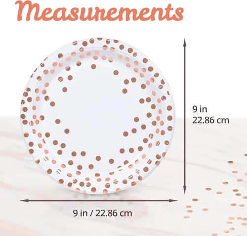 Miniatura 4 de MATICAN Platos de papel para fiestas, paquete de 100 platos desechables blancos y oro rosa, lunares de papel de aluminio, 9 pulgadas Dorado