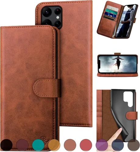 Miniatura 8 de DuckSky Funda tipo cartera de cuero genuino para Samsung Galaxy S22 Ultra 【Bloqueo RFID】【4 tarjeteros de crédito】【Cuero auténtico】 Funda protectora