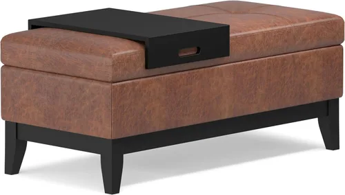 SIMPLIHOME Oregon - Banco otomano de almacenamiento con bandeja, banco otomano rectangular de cuero vegano de 42 pulgadas de ancho, color marrón