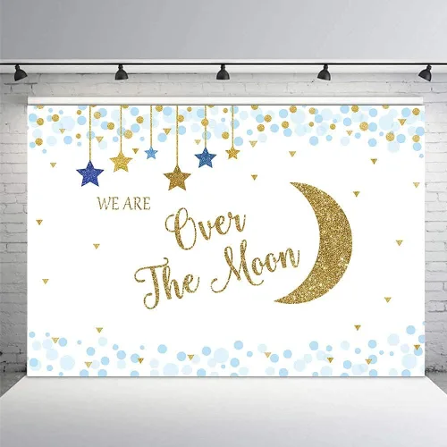 MEHOFOND Over The Moon Boy - Fondo de fotos para baby shower, color dorado y azul, estrellas colgantes, decoración de fiesta, cartel con texto en