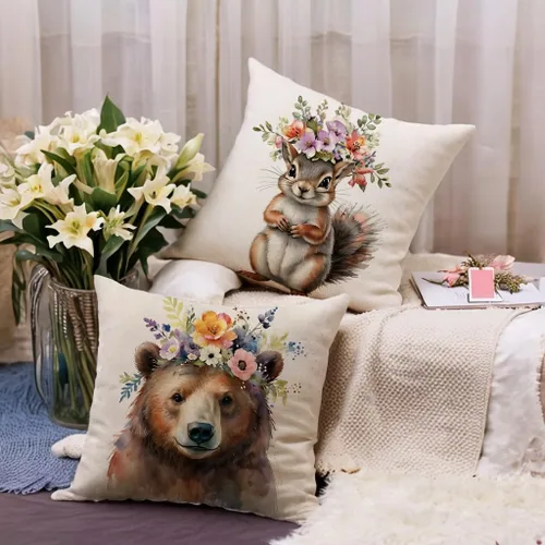 Miniatura 5 de Fundas de almohada con diseño de animales, 18 x 18 pulgadas, diseño de ardillas florales, acuarela, vida silvestre, diseño de flores, temporada