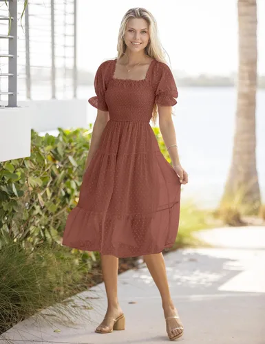 Miniatura 2 de MEROKEETY - Vestido de verano con lunares suizos para mujer vestido midi con cuello cuadrado, mangas abombadas, volados, lazo en la espalda