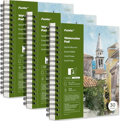 Funto - Bloc para acuarela 10x7, paquete de 3, 90 hojas, 140 libras/300 g/m², doble cara, presión en frío, encuadernado en espiral, papel pesado