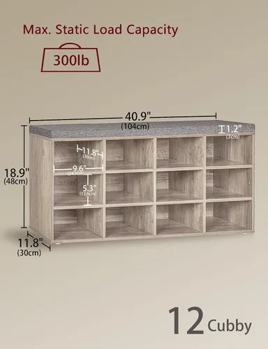 Miniatura 3 de DINZI LVJ Banco de almacenamiento de zapatos con cojín, estante de cubículos con 12 cubículos, estantes ajustables, banco organizador multifuncional