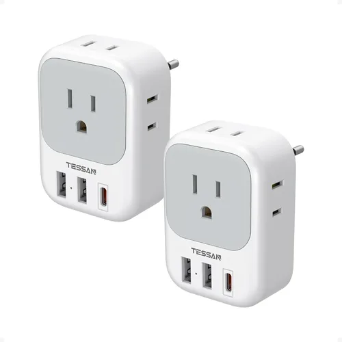 TESSAN - Paquete de 2 adaptadores de enchufe de viaje europeos, convertidor de corriente para Europa, 4 tomacorrientes, 3 USB (1 USB C PD 20 W),