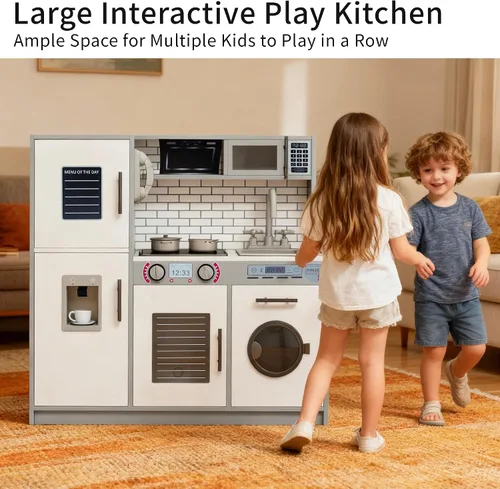 Miniatura 6 de Juego de cocina de madera para niños con luces y sonidos, cocina de juego de simulación para niños pequeños con horno, fregadero, microondas