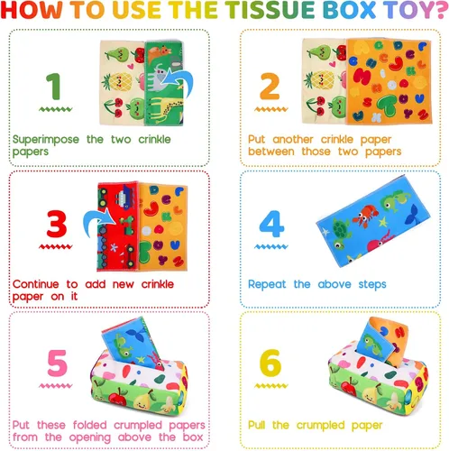 Miniatura 5 de YOGINGO Juguetes para bebés de 6 a 12 meses – Caja de pañuelos Montessori para bebés de 6 a 12 meses, suave relleno de alto contraste, juguetes