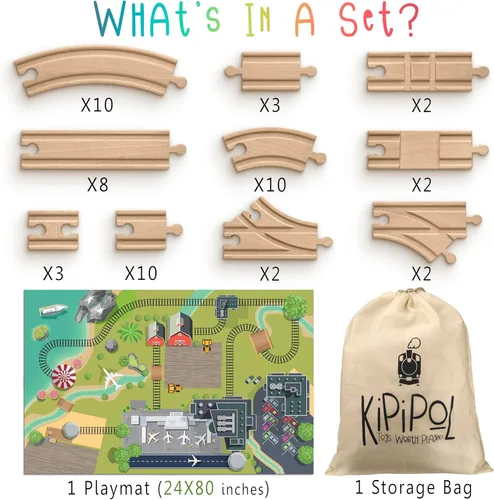 Miniatura 2 de KipiPol Juego de vías de tren de madera - 52 piezas+mapa de ferrocarril adicional - Compatible con todas las principales marcas de juguetes
