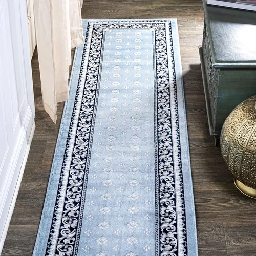 JONATHAN Y Acanthus - Alfombra de pasillo con borde francés azul/azul marino, 2 x 8 pulgadas, vintage, bohemio, fácil de limpiar para sala de estar,