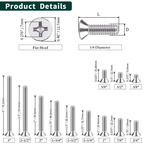 Miniatura 4 de Tornillos de máquina de cabeza avellanada plana de 1/4-20 x 3/4", Phillips Drive, acero inoxidable 304 18-8, rosca completa, rosca gruesa UNC, 25 PCS