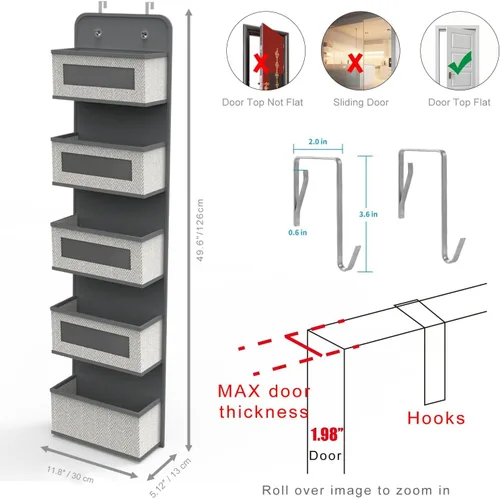 Miniatura 3 de Organizador colgante para colgar sobre la puerta con 5 bolsillos grandes, organizador de almacenamiento de tela para montar en la parte trasera