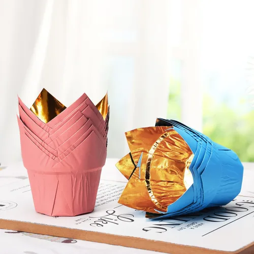 Miniatura 7 de Revestimientos dorados para cupcakes, 100 tazas de papel para hornear, envoltorios de cupcakes a prueba de grasa para magdalenas, cupcakes, bodas