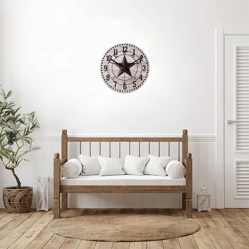 Miniatura 7 de Reloj de pared clásico de estilo rústico con estrella de Texas occidental, reloj analógico de madera silencioso sin tictac, funciona