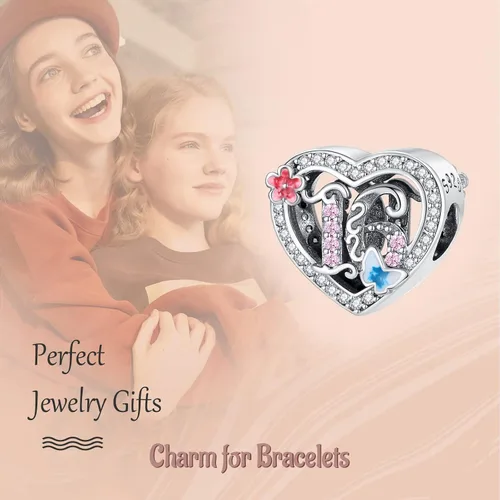 Miniatura 3 de Annmors 925 Sterling Silver Charms 15 16 18 21 30 40 50 60 Years Love Birthday Charm fit European Bracelet,Number Charms with 5A Cubic Zirconia