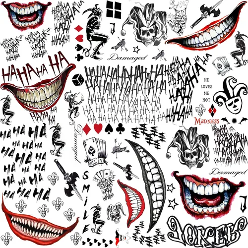 GOROMON Juego de 6 hojas de tatuajes temporales de The Joker para Halloween, calcomanías de tatuajes de bromista de escuadrón suicida para mujeres,