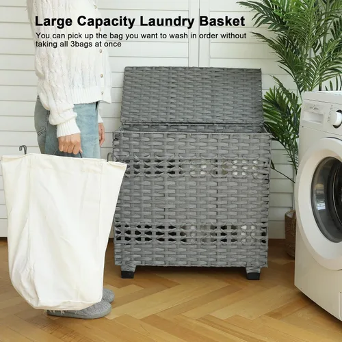 Miniatura 6 de OIAHOMY Cesta de ropa sucia con tapa, cesta de ropa de 140L con 3 bolsas extraíbles con forro, cesta plegable con tapa, cesta de mimbre sintético