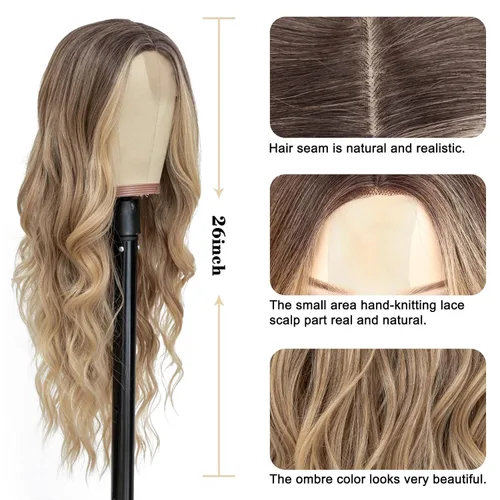 Miniatura 4 de NAYOO Peluca larga ondulada rubia ombré para mujer, de 26 pulgadas, parte media, rizada, ondulada, de aspecto natural, fibra sintética resistente al