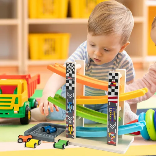 Miniatura 2 de Wood City Set de Juguetes de Rampa y Carrera de Coches de Madera con 4 Coches en Miniatura y Pistas de Carrera, Juguetes para Niños de 1, 2, 3 Años
